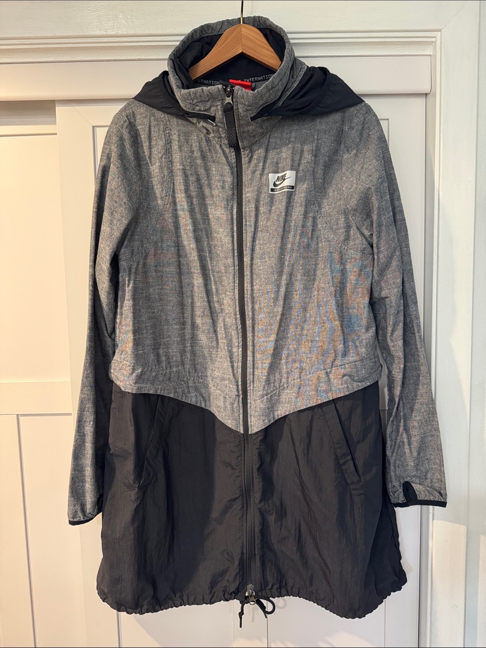 Nike international Grey & Black Colorblocked Hooded Windbreaker Jacket